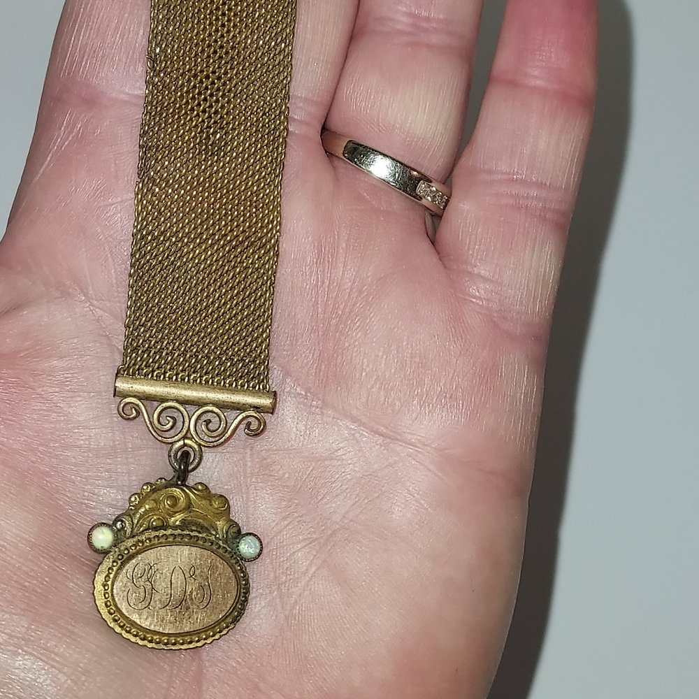Gold Mesh Victorian Watch Fob Opals Initials Antique Estate Piece